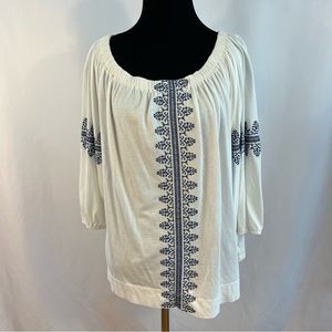 Chaps Women's Boho Peasant Top Blouse Size L Blue White Embroidered 3/4 Sleeve